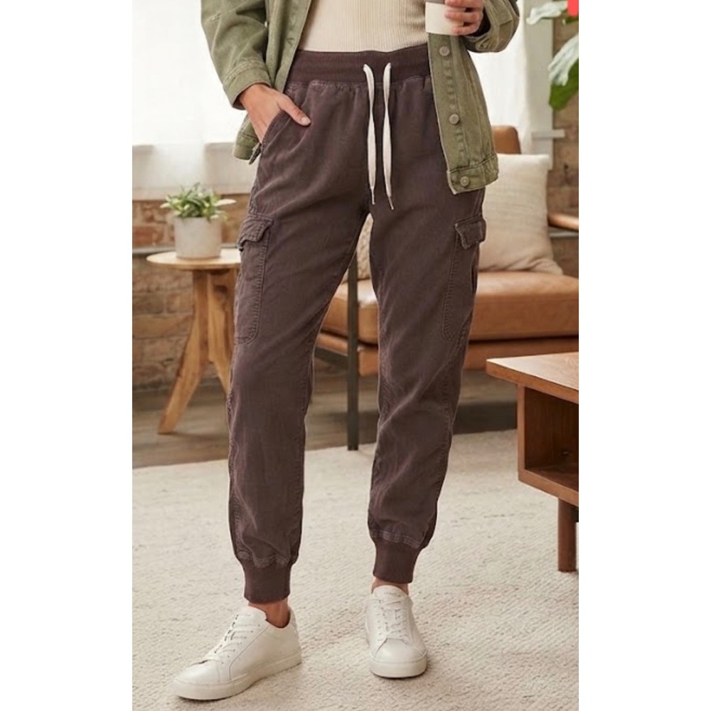 Aerie Women Brown Cargo Jogger Pants Ribbed Waist Drawstring Size Small